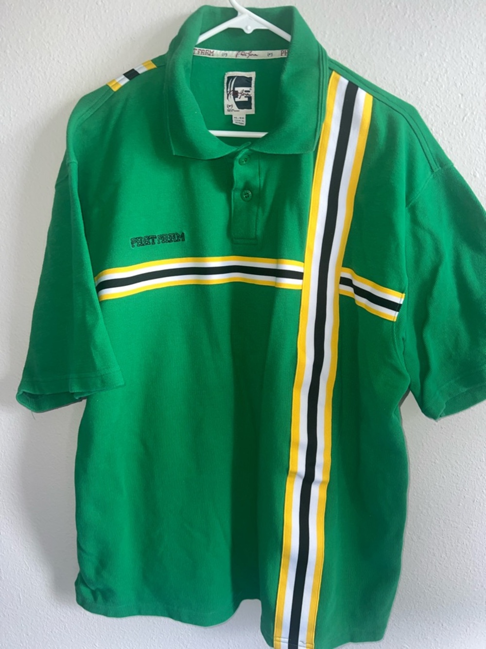 Phat Farm Green Polo with Yellow, White & Black Stripes